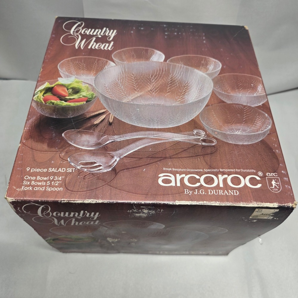 New Vintage Arcoroc Country Wheat 9 Piece Salad Set w/ Bowls Clear Glass USA